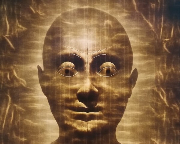Large Stylized Head Against Golden Swirling Background
