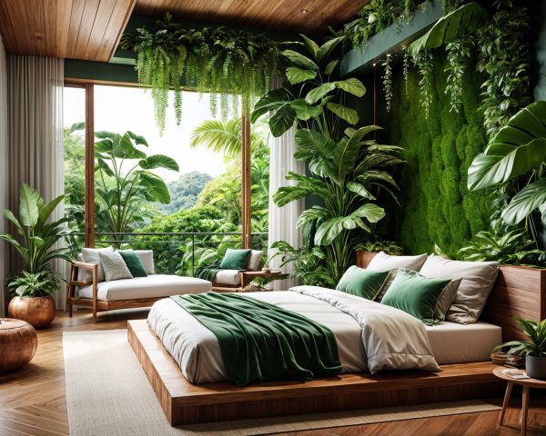 Tropical-Inspired Serene Bedroom with Lush Plants