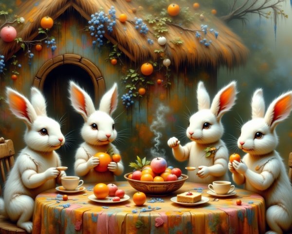 Charming Scene of White Rabbits Sharing Fruits