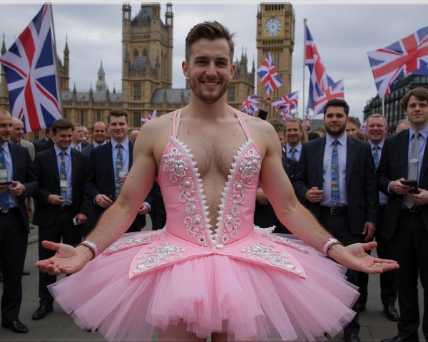 Man in Pink Tutu Amidst Suited Celebrants and Big Ben