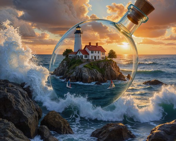 Lighthouse in a Bottle with Sunset and Sailboats