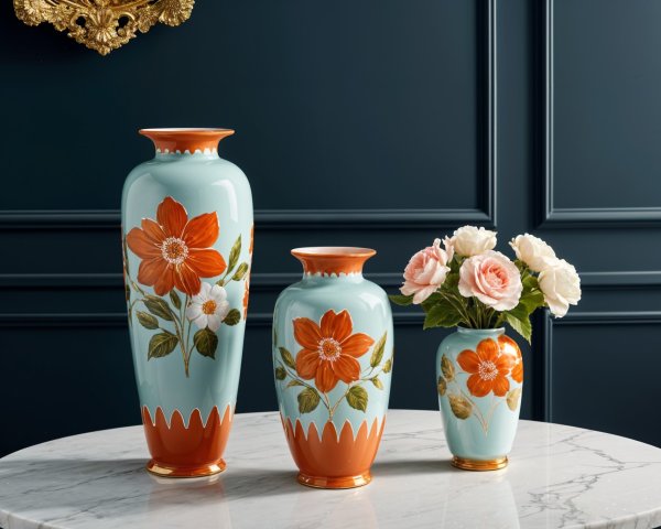 Elegant Vases on Marble Table with Floral Design