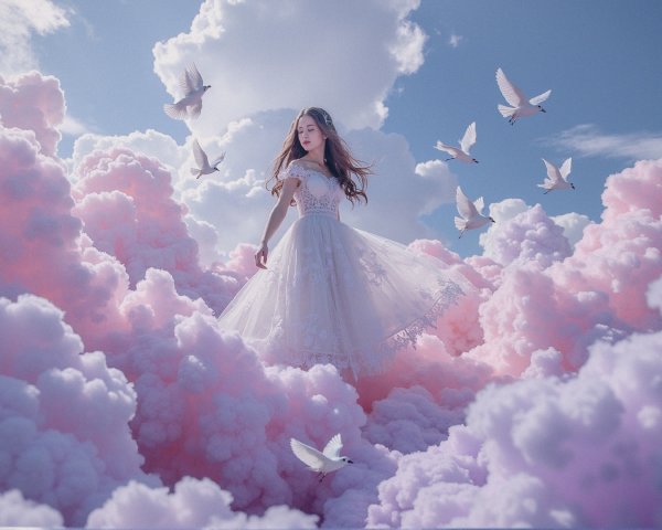 Young girl in ethereal dress among pink clouds