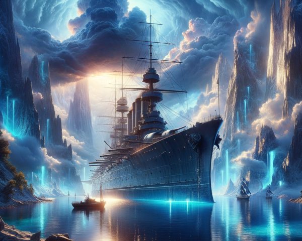 Majestic battleship anchored in an ethereal bay
