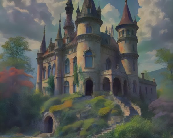Majestic castle in a lush landscape with spires