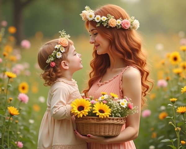 Mother and daughter in a vibrant flower field