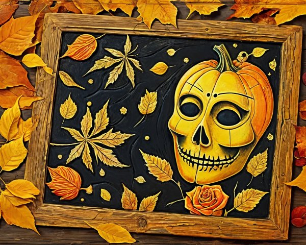Autumn Artwork with Pumpkin, Skull, and Floral Details