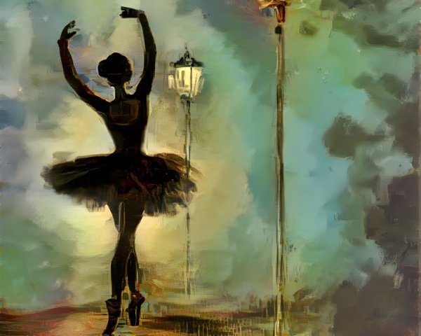 Ballerina Dancing Under Twilight Sky with Street Lamps