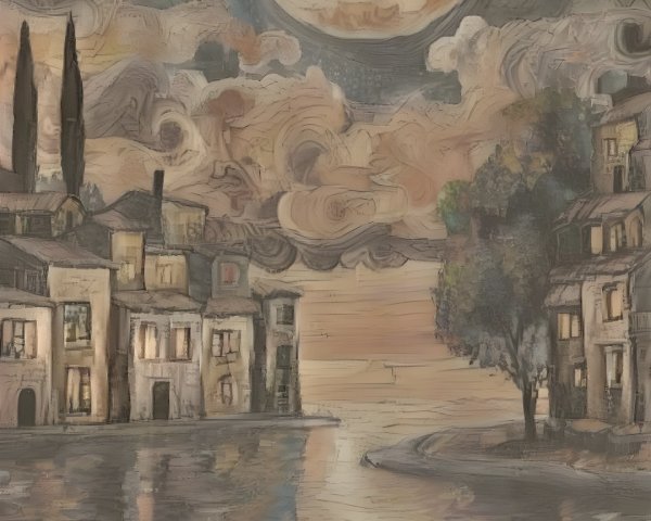 Twilight Waterside Village with Moonlit Reflection