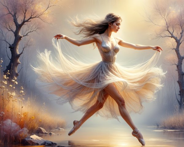 Ballerina Leaping in a Misty Golden Dawn Landscape