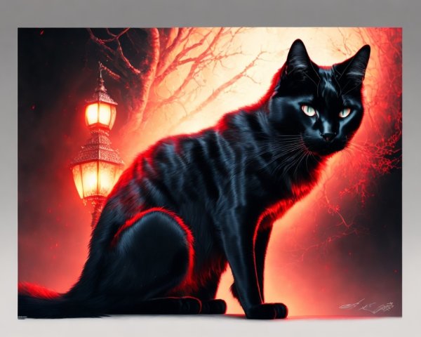 Black Cat Against Glowing Red and Orange Light