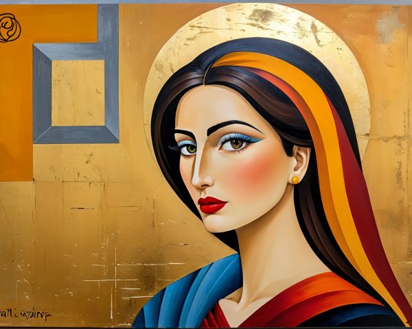 Female Figure in Blue and Orange Garment with Gilded Background