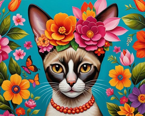 Vibrant Cat Portrait with Floral Crown and Butterflies