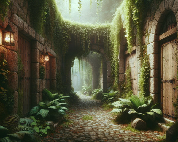 Overgrown Alleyway with Ancient Stone Arches and Vines
