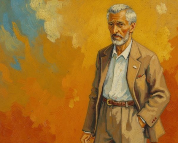 Portrait of an older man in a beige suit against abstract background