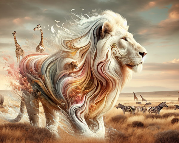 Lion in Colorful Savanna with Giraffes and Zebras