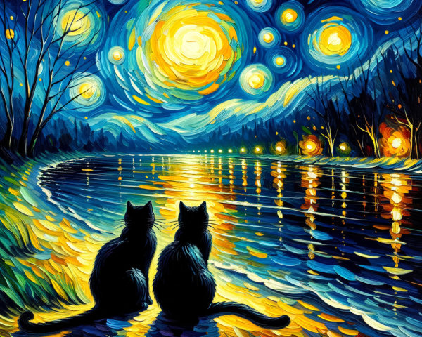 Black Cats by a River Under a Starry Night Sky