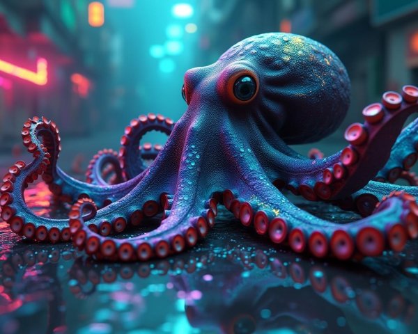 Stylized octopus illuminated by neon lights in urban setting