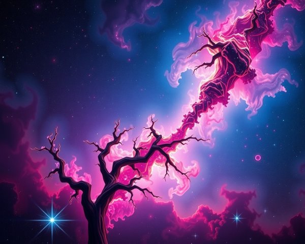 Surreal Cosmic Scene with Twisted Tree Silhouette