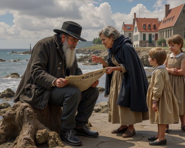 Coastal Scene with Elderly Man and Children Engaged