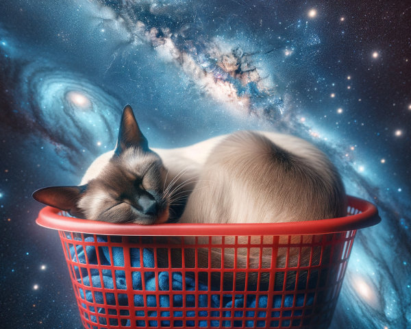 Cozy cat in red basket against cosmic background