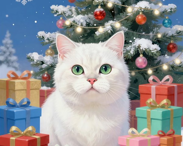 Fluffy White Cat Surrounded by Christmas Presents