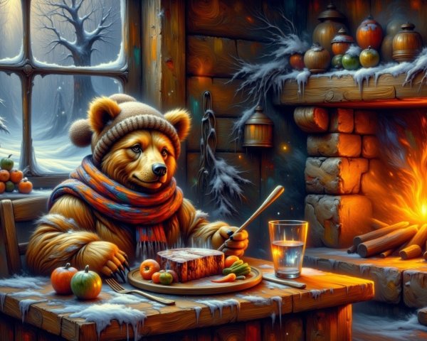 Cozy Cabin with Bear Enjoying Winter Meal