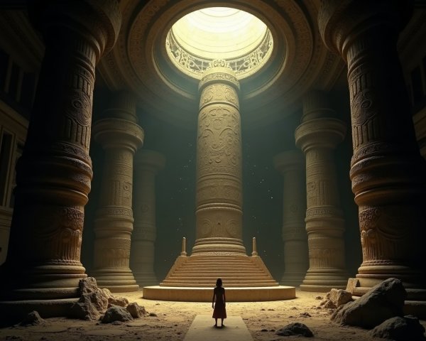 Solitary Figure Before Illuminated Ancient Temple