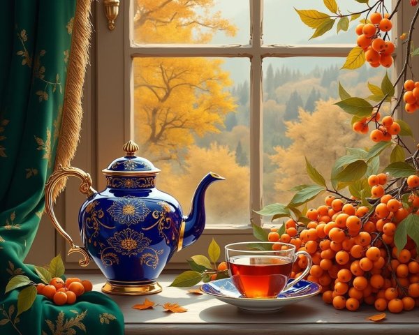 Elegant Tea Scene with Royal Blue Teapot and Autumn Foliage