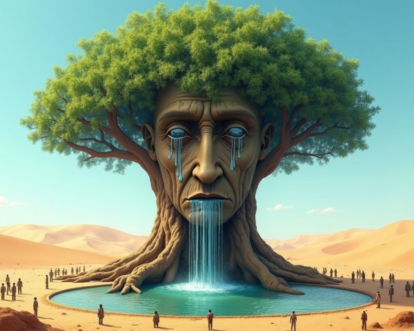 Monumental Tree with Human Face in Desert Landscape