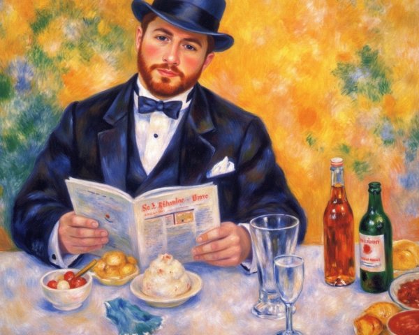 Man in Formal Attire Reading Newspaper at Table