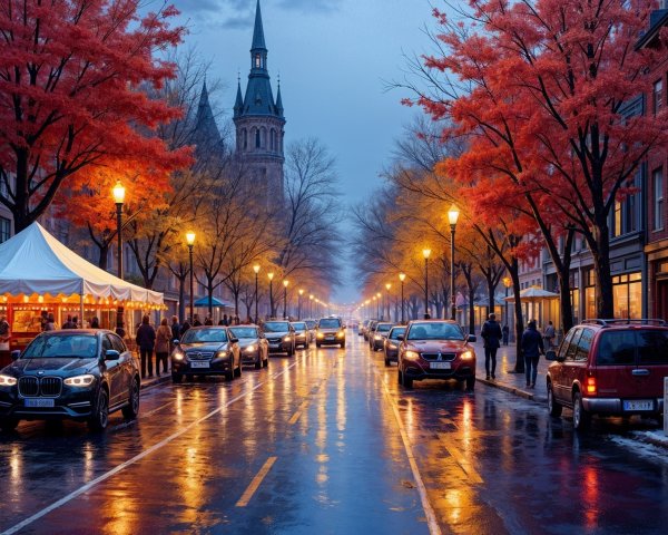 Autumn Street Scene with Historic Tower at Dusk