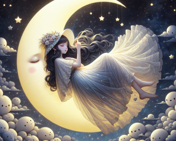 Serene Girl on Crescent Moon in Whimsical Night Scene