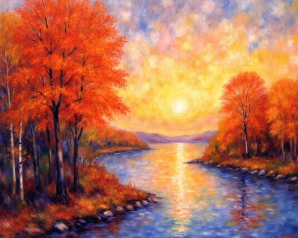 Autumn Landscape with Colorful Foliage and River