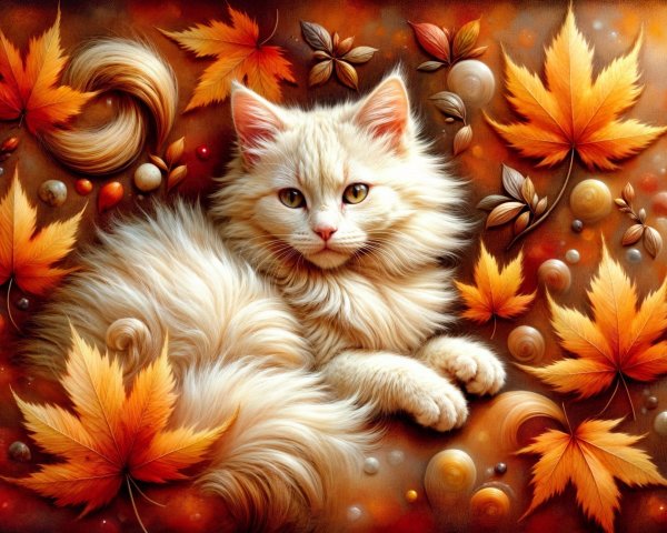 Fluffy White Cat Among Vibrant Autumn Leaves