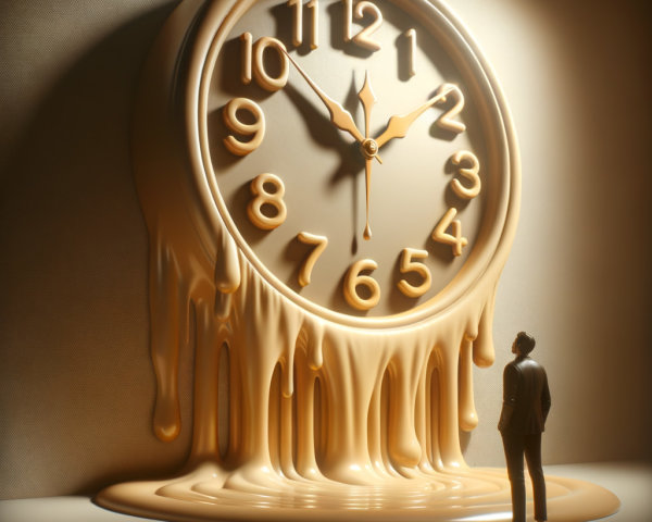 Melting Clock in Surreal Scene with Contemplative Figure