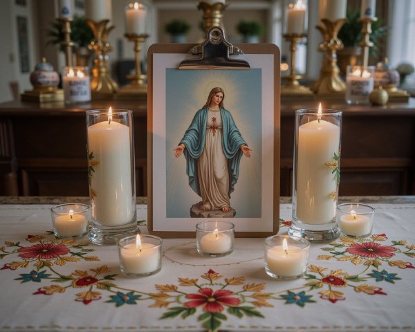 Serene altar with Virgin Mary and lit candles