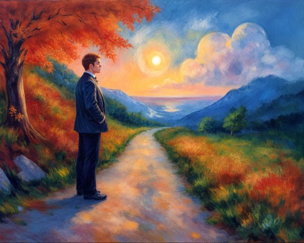 Man in Suit on Winding Path Surrounded by Autumn Trees