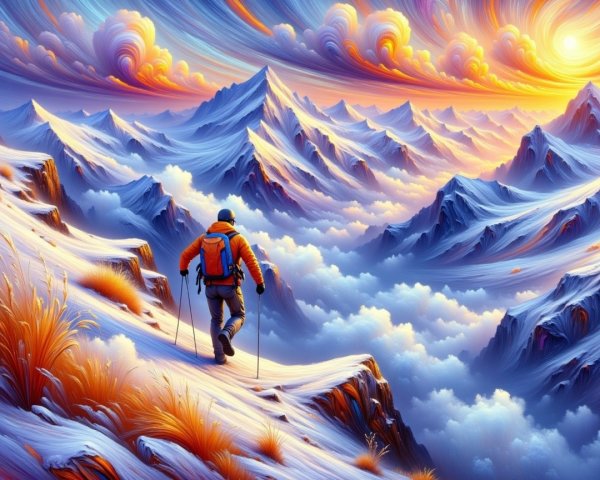 Hiker on Snowy Ridge at Colorful Sunset