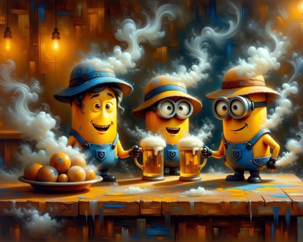 Cheerful Yellow Characters Toasting in Cozy Tavern