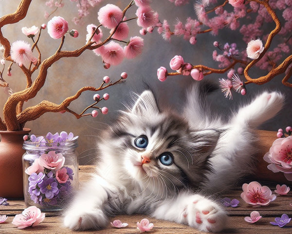 Playful Kitten Among Pink Blossoms and Twigs