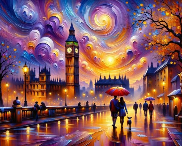 Colorful London Evening with Big Ben and Couples Strolling