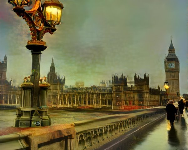 Bridge with Vintage Lamps and Big Ben in Rainy Scene