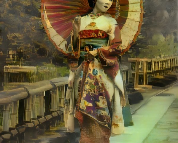 Elegant Japanese Geisha in Colorful Kimono and Parasol