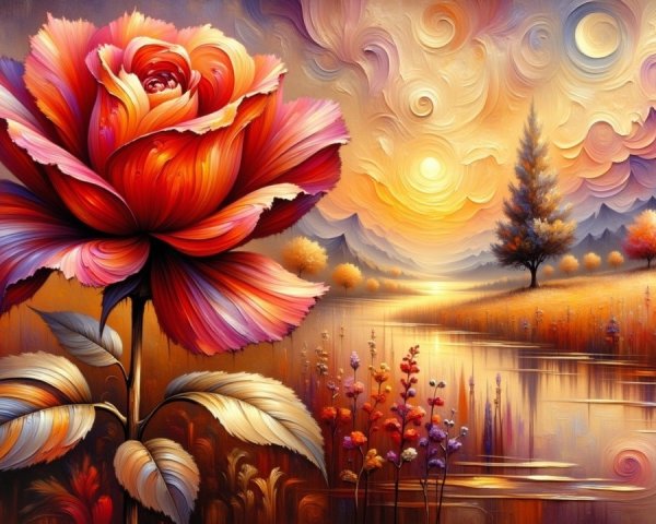 Vibrant Landscape with Ornate Rose and Serene River