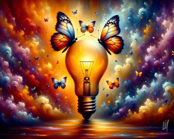 Surreal Scene of Light Bulb and Colorful Butterflies