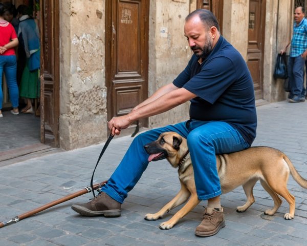 Man and dog resting on a cobblestone street