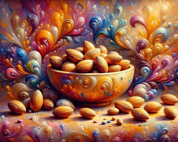Colorful Composition of Almonds in Wooden Bowl