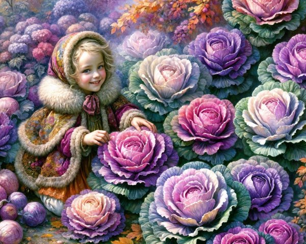 Young girl in hooded cloak touching purple cabbages