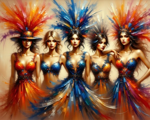 Elegant Women in Vibrant Costumes with Feathered Headdresses